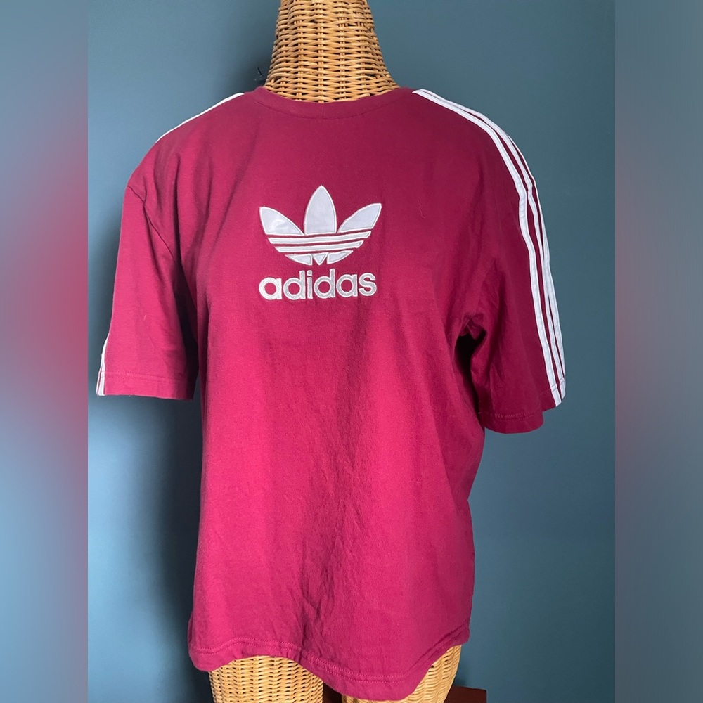 Adidas Trefoil T-ShirtBurgundy White 3 Stripe Sleeve Embroidered Chest Logo XS